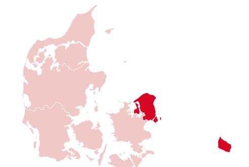 Danmarkskort med Hovedstadsområdet fremhævet