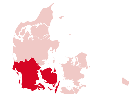 Danmarkskort hvor syddanmark er fremhævet